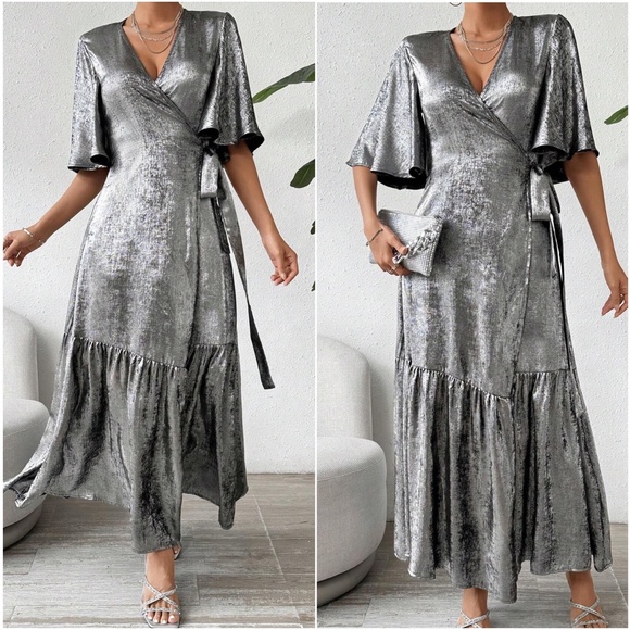 Luxe Metallic Flounce Sleeve Evening Formal Party Dress - Picture 2 of 3